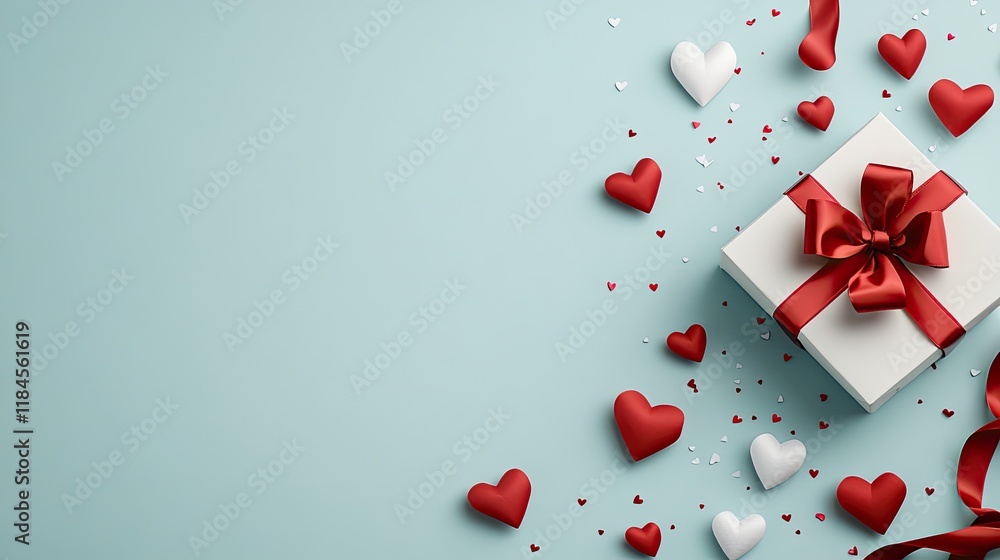 Decorative gift box tied with a red ribbon surrounded by pink and red paper hearts on a soft pastel tabletop ideal for Valentine's Day Decorative gift box tied with a red ribbon surrounded by pink and red paper hearts on a soft pastel tabletop ideal for Valentine's Day