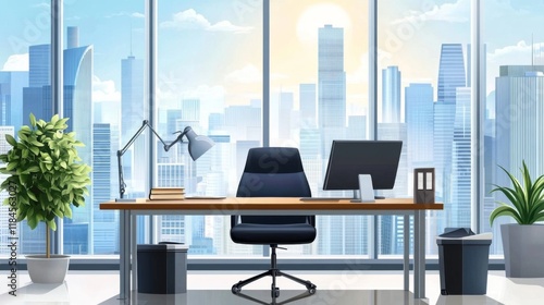 Isolated cityscape background enhances this office scene.