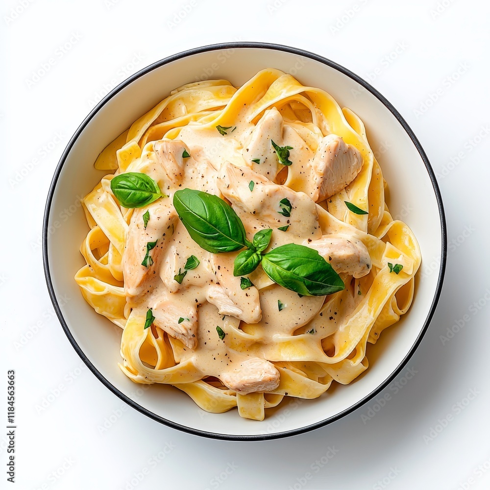 A delectable serving of fettuccine with Tuscan chicken, highlighted on a see-through background. A delectable serving of fettuccine with Tuscan chicken, highlighted on a see-through background.
