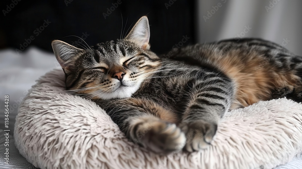 Fototapeta premium Tabby cat sleeps cute pillow concept. A content tabby cat peacefully sleeping on a soft, round pet bed, radiating tranquility and comfort.