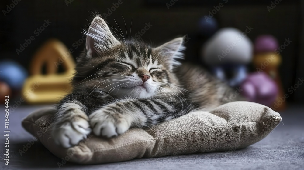 Naklejka premium Tabby cat sleeps cute pillow concept. A cute kitten peacefully sleeping on a soft pillow, surrounded by colorful toys, exuding a cozy and calm atmosphere.