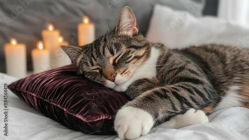 Wallpaper Mural Tabby cat sleeps cute pillow concept. A cozy cat sleeping peacefully on a plush pillow, surrounded by softly lit candles, creating a serene and tranquil atmosphere. Torontodigital.ca