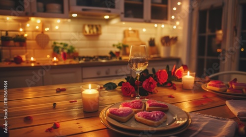 Wallpaper Mural Romantic kitchen setup for Valentine's Day with heart-shaped cookies on table, red and pink candles on countertops, hanging string lights, creating warm, cozy vibe filled with love. Torontodigital.ca