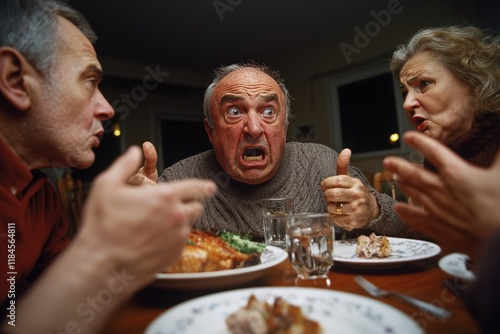 Family members arguing during a holiday dinner, with plates and glasses set on the table
