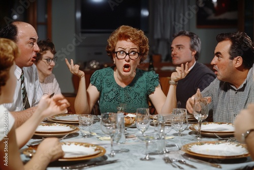 Family members arguing during a holiday dinner, with plates and glasses set on the table