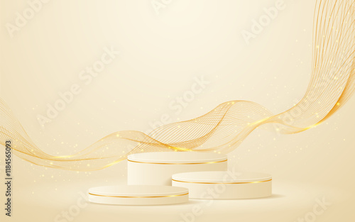 Cream podium with elegant gold wave lines on the back for advertisement display. Display of cosmetic products. Stage or podium. vector illustration	