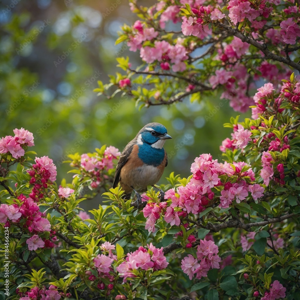 Obraz premium A bird perched on a flowering bush in a colorful spring garden.