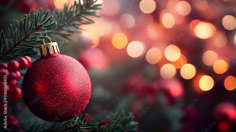 Red Christmas Ornament on Fir Branch with Bokeh Lights Red Christmas Ornament on Fir Branch with Bokeh Lights