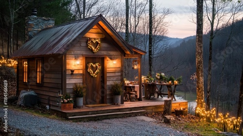 Cozy Wooden Cabin in the Snowy Forest with Christmas Lights and on the Porch during Winter photo