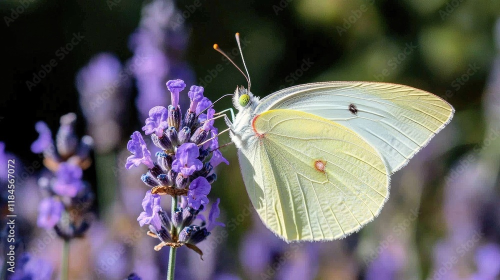 A butterfly resting on a lavender flower in a garden, with soft lighting and blurred flowers in the background. A butterfly resting on a lavender flower in a garden, with soft lighting and blurred flowers in the background.