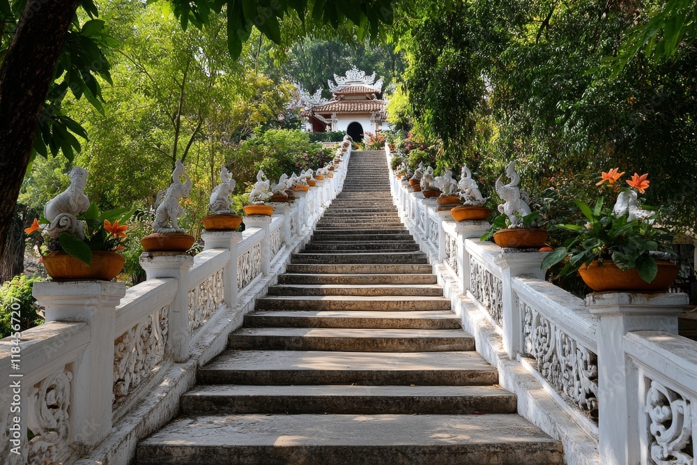 An elaborate staircase leading to an ubosot, decorated with detailed naga sculptures and floral carvings An elaborate staircase leading to an ubosot, decorated with detailed naga sculptures and floral carvings