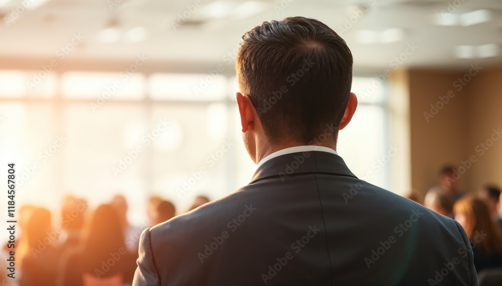 Businessman addressing conference viewed from behind sunlight streams through large windows Businessman addressing conference viewed from behind sunlight streams through large windows