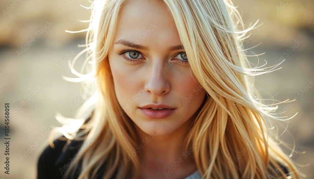 Close up portrait of young woman with long blonde hair outdoors in natural light expression is serious and captivating Close up portrait of young woman with long blonde hair outdoors in natural light expression is serious and captivating