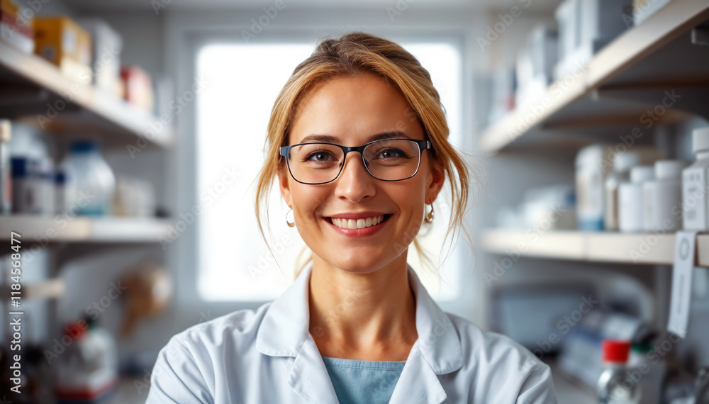 Smiling female scientist in lab setting surrounded by shelves of medical supplies Smiling female scientist in lab setting surrounded by shelves of medical supplies