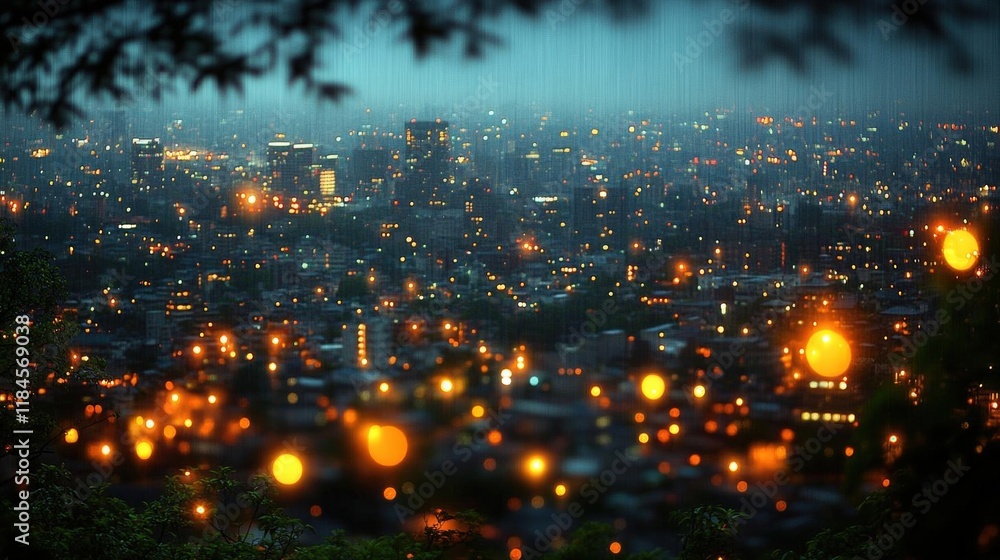 Naklejka premium Rainy Night Cityscape: A Blurred View of Lights and Rain