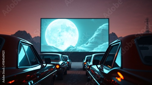 Retro cars in front of a large screen with a movie. Classic drive-in theatre wallpaper