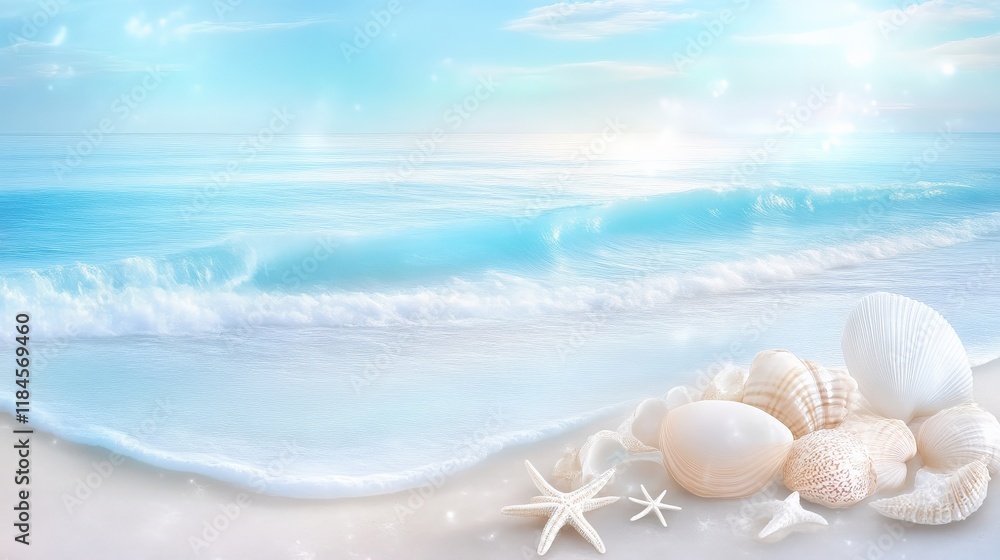 Seashells and starfish on a tranquil, sunlit beach Seashells and starfish on a tranquil, sunlit beach
