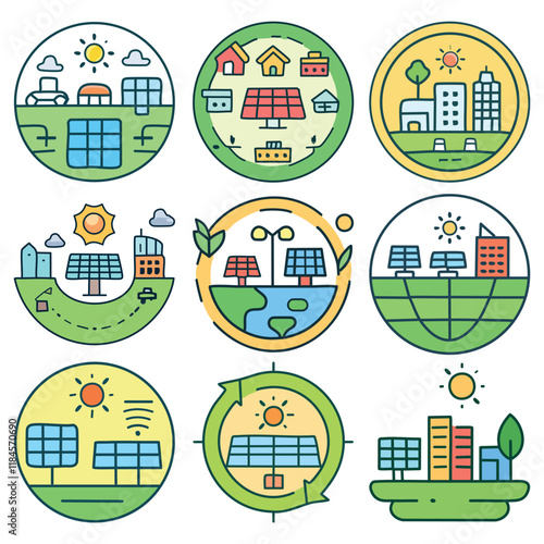 Illustrations of sustainable living featuring reusable products, solar panels, electric vehicles, and urban green spaces in eco-friendly settings.