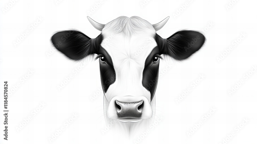 Close-up portrait of a Holstein cow. Monochrome illustration of a cow's face against a white background. Close-up portrait of a Holstein cow. Monochrome illustration of a cow's face against a white background.