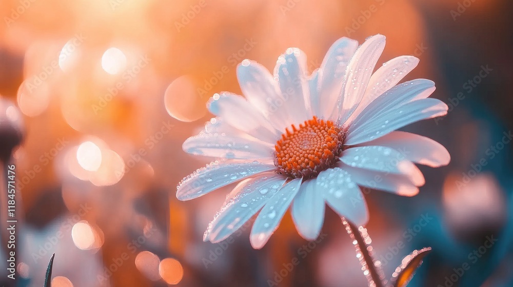 A close-up of a white daisy in a flower garden, adorned with tiny drops of dew that reflect the sunlight. A close-up of a white daisy in a flower garden, adorned with tiny drops of dew that reflect the sunlight.