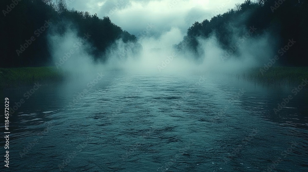 Naklejka premium Mysterious Fog Envelops a Serene River, Creating a Moody and Atmospheric Landscape