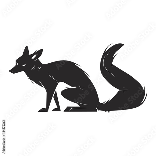 Vector black and white illustration of fox silhouette drawn in cartoon style. Isolated on white background clip art object. Wild totem animal. Simple flat style graphic. Hand draw art.