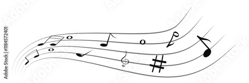 Music notes vector. Wavy piano keys and music notes.