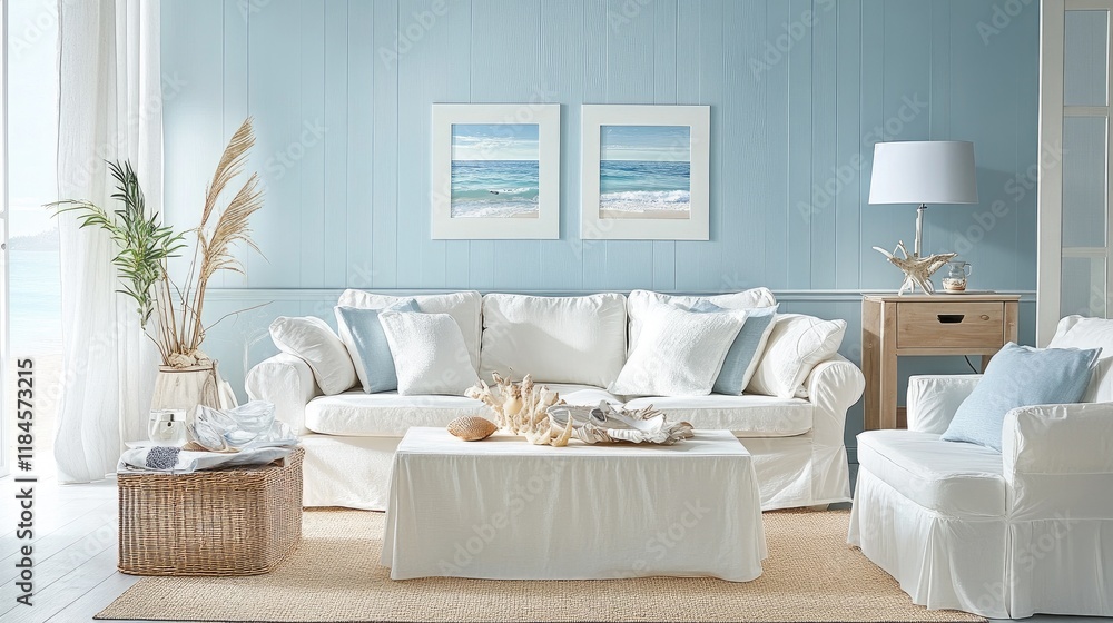 Obraz premium A coastal-inspired living room with light blue walls, white furniture, and nautical decor elements like seashells and driftwood.
