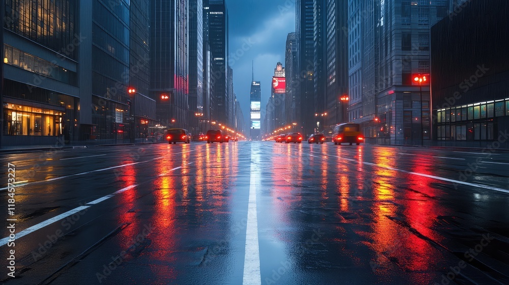 Wide panoramic moody city street at night with empty atmosphere, 3D render Wide panoramic moody city street at night with empty atmosphere, 3D render