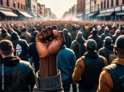 Crowd gathers with raised fists in solidarity during a peaceful protest for social justice in the heart of the city photo