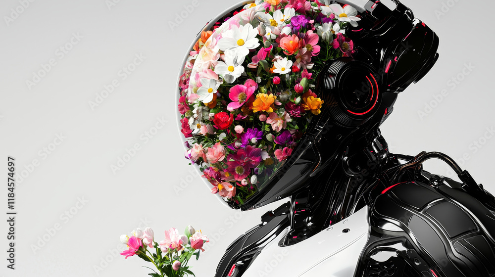 Obraz premium Robotic head adorned with vibrant blossoms, a juxtaposition of technology and nature.
