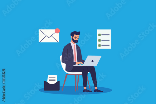 Email marketing campaign. Businessman sending promotional emails using laptop and mailing list software. Email marketing strategy,  customer communication, online marketing, digital marketing concept.