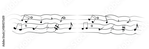 Music notes vector. Wavy piano keys and music notes.