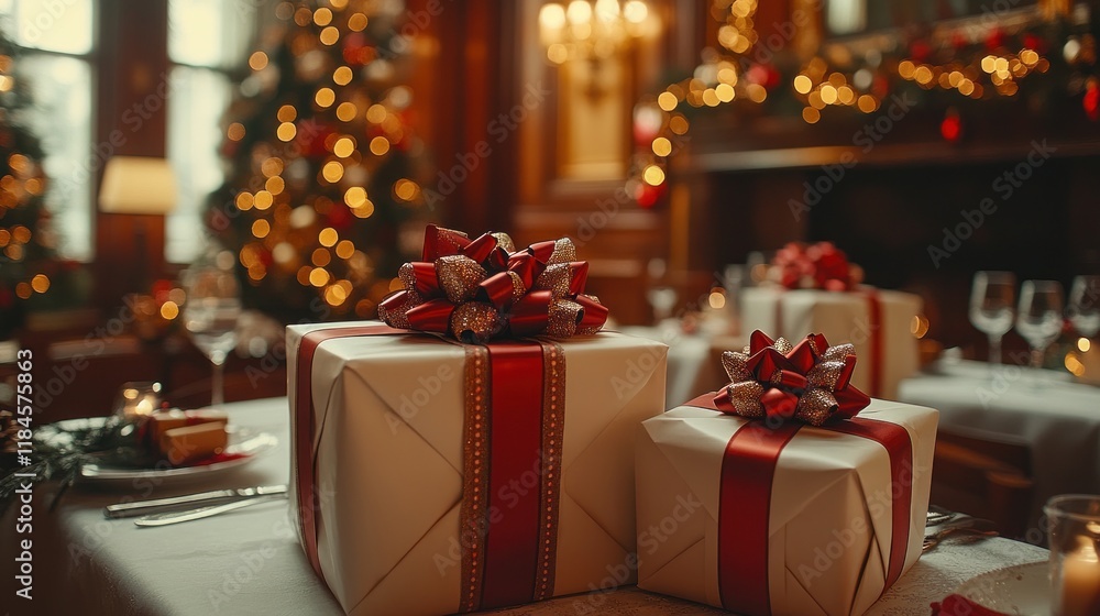 Christmas gifts on a table in a luxurious room. Christmas gifts on a table in a luxurious room.