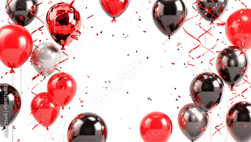 Red and black metallic helium balloons with curling ribbons for elegant party celebration decor isolated on white background