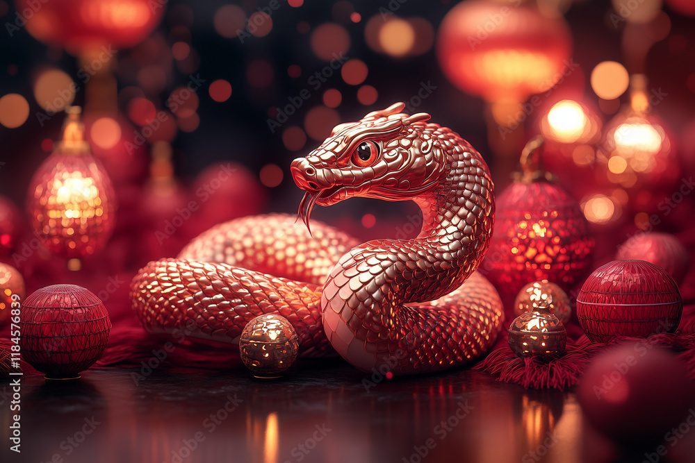 Obraz premium Luxurious Chinese New Year backdrop with coiled golden snake and twinkling lanterns