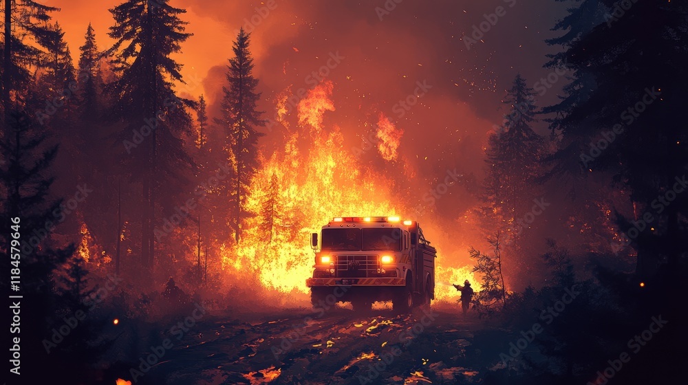 A firefighter in a fire truck, rushing towards the wildfires in a dense forest, with flames visible in the background. A firefighter in a fire truck, rushing towards the wildfires in a dense forest, with flames visible in the background.