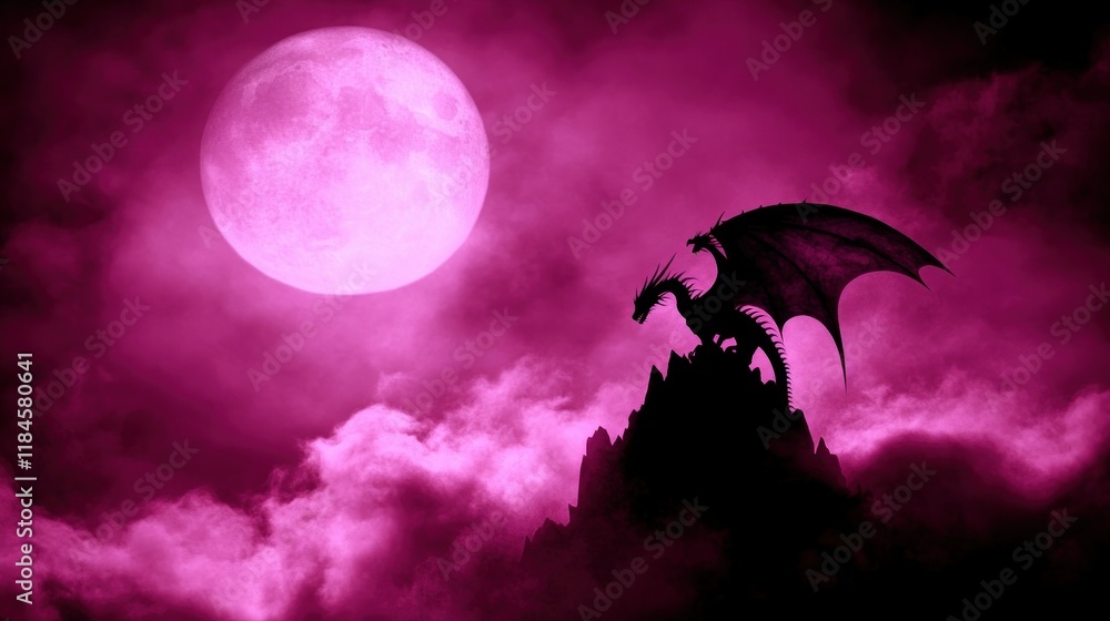 Fototapeta premium A majestic silhouette of a dragon perched atop a mystical mountain peak, bathed in the ethereal glow of a pink moon, creating an otherworldly, breathtaking scene.