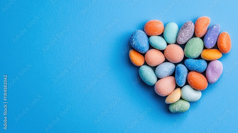 Colorful candy-shaped stones arranged in a heart on a blue background, symbolizing love and sweetness. Colorful candy-shaped stones arranged in a heart on a blue background, symbolizing love and sweetness.