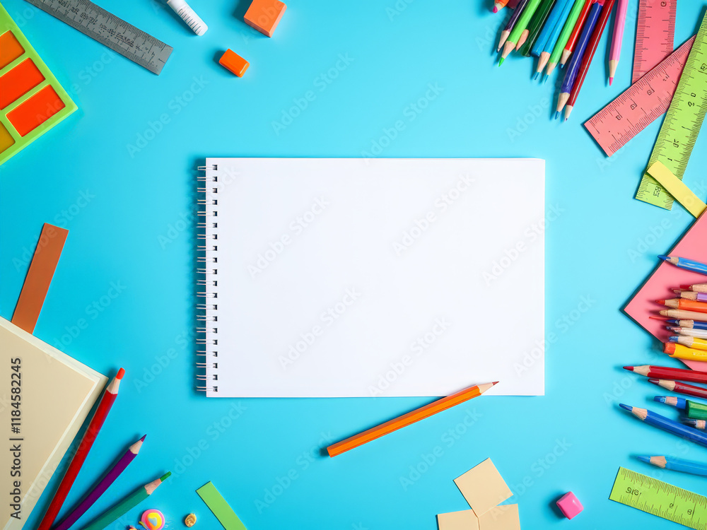 Fototapeta premium Blank Spiral Notebook Surrounded by Colorful Art Supplies
