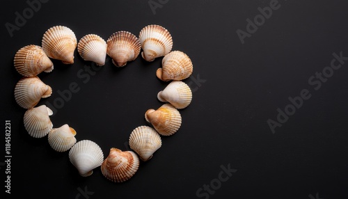 A heart-shaped arrangement of colorful seashells displayed on a dark surface, conveying a marine theme and a sense of love or affection. photo