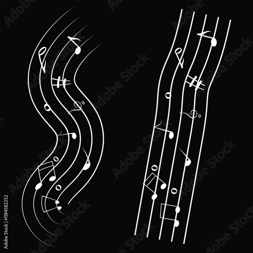 Music notes vector. Wavy piano keys and music notes.