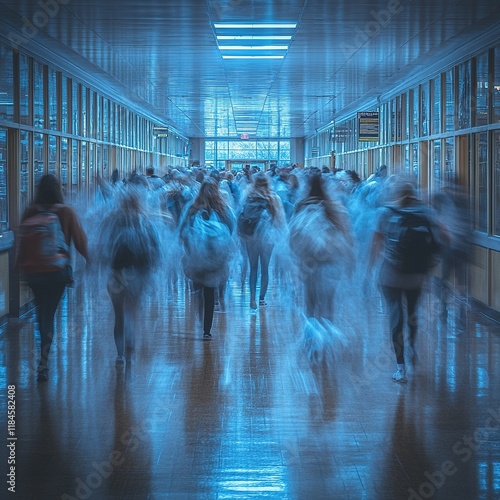 A blurred scene of people walking in a corridor, creating a sense of motion and busyness.