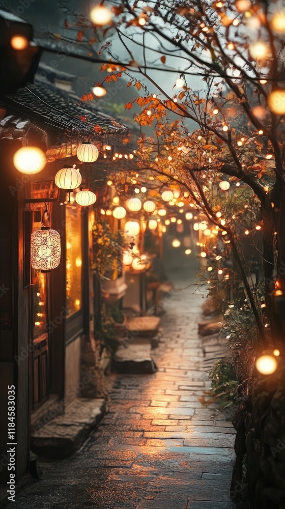 Fototapeta premium Lanterns hanging between village houses, illuminating the quiet paths with a warm festive glow