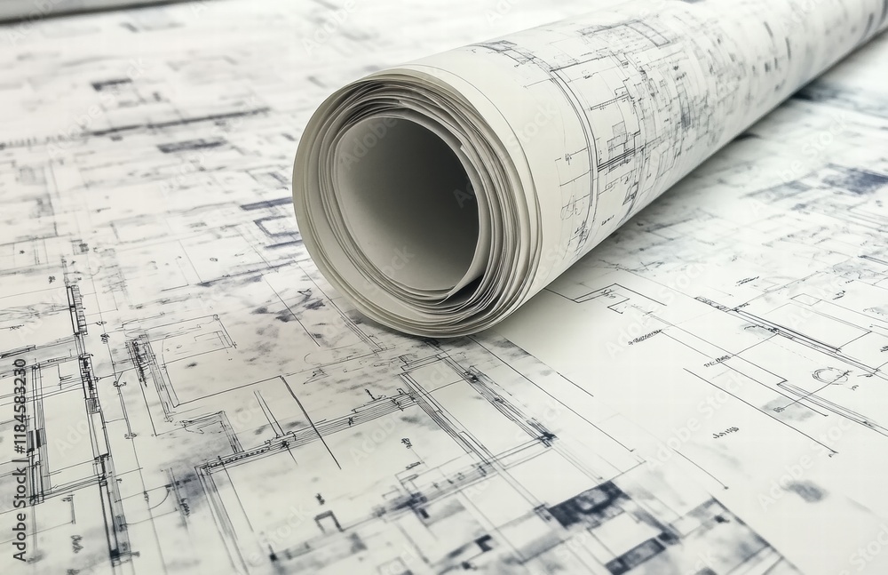A roll of paper with blue and white drawings on it A roll of paper with blue and white drawings on it