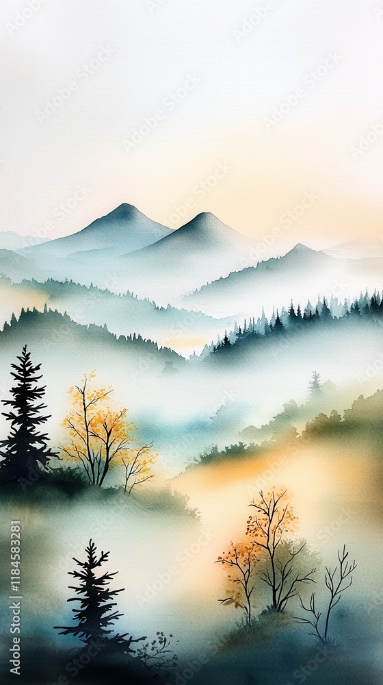 Fototapeta premium Misty Mountain Landscape in Autumn with Colorful Trees and Hazy Atmosphere