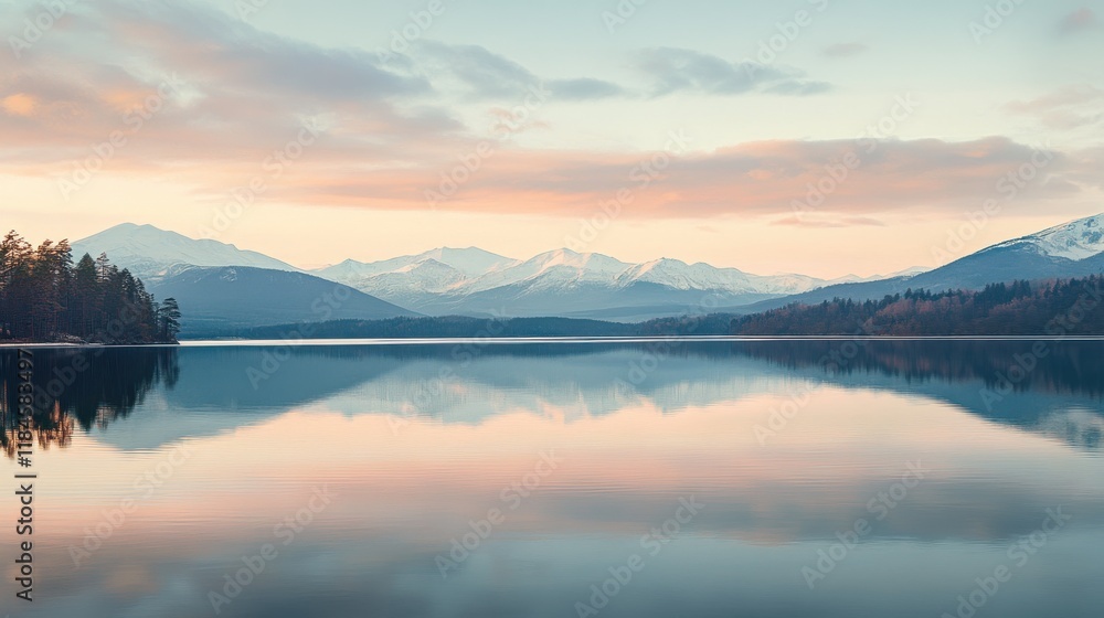 Fototapeta premium Tranquil lake reflecting pastel sunrise amidst snow-capped mountains in a serene landscape