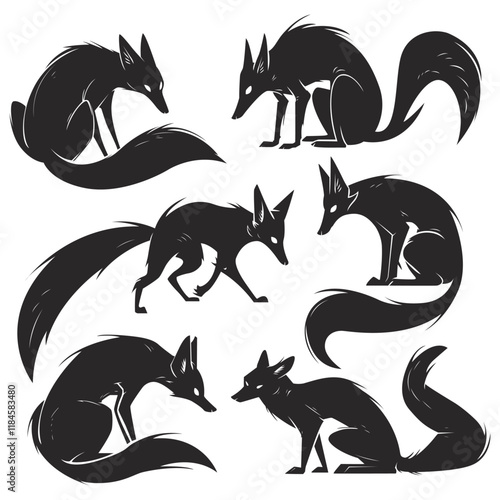 Big collection of vector black and white fox silhouette drawn in cartoon style illustration. Isolated on white background clip art object. Set of sitting, jumping, hunting foxes with beatiful tails.