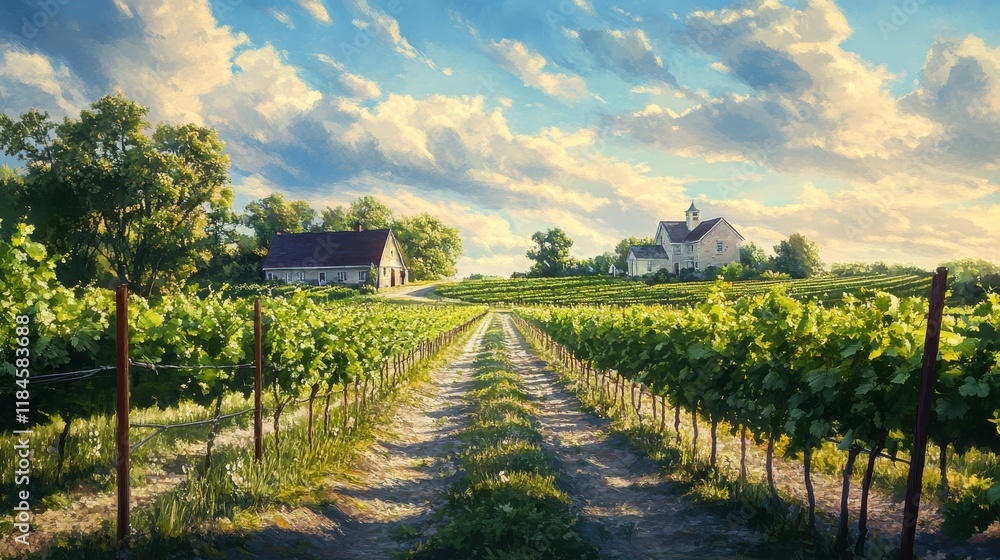 Naklejka premium Scenic vineyard with lush grapevines and charming farmhouse under a bright sky