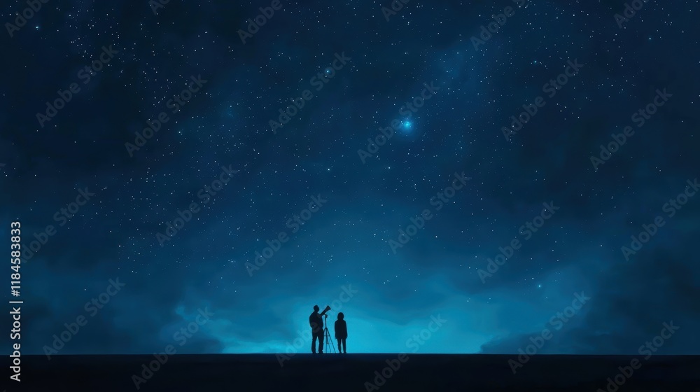 A serene night scene featuring silhouettes of three people gazing up at a starry sky illuminated by a bright star. A serene night scene featuring silhouettes of three people gazing up at a starry sky illuminated by a bright star.